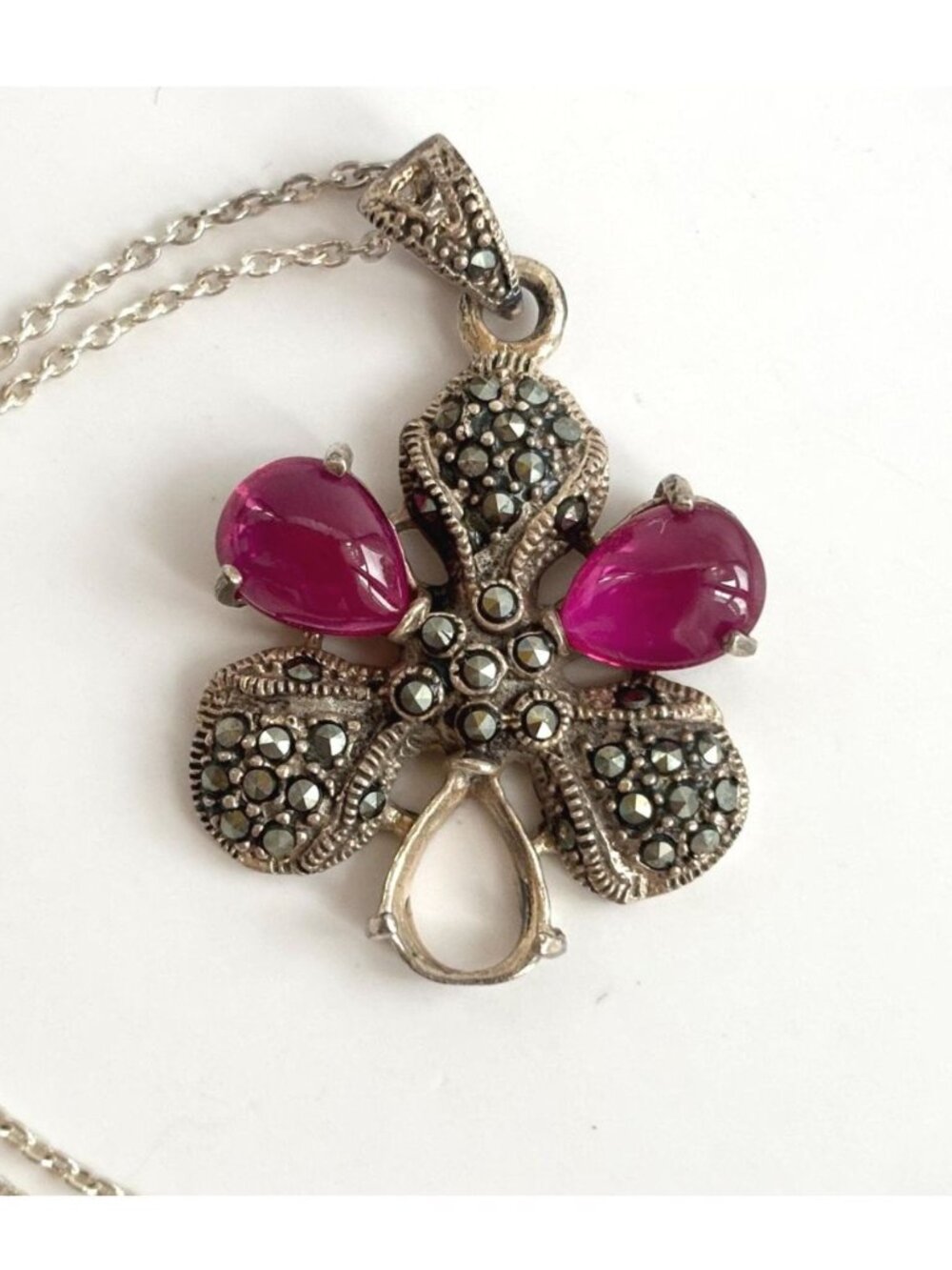 Pink Cabochon Marcasite Accented Art Deco 925 Vintage Pendant Necklace - 19"